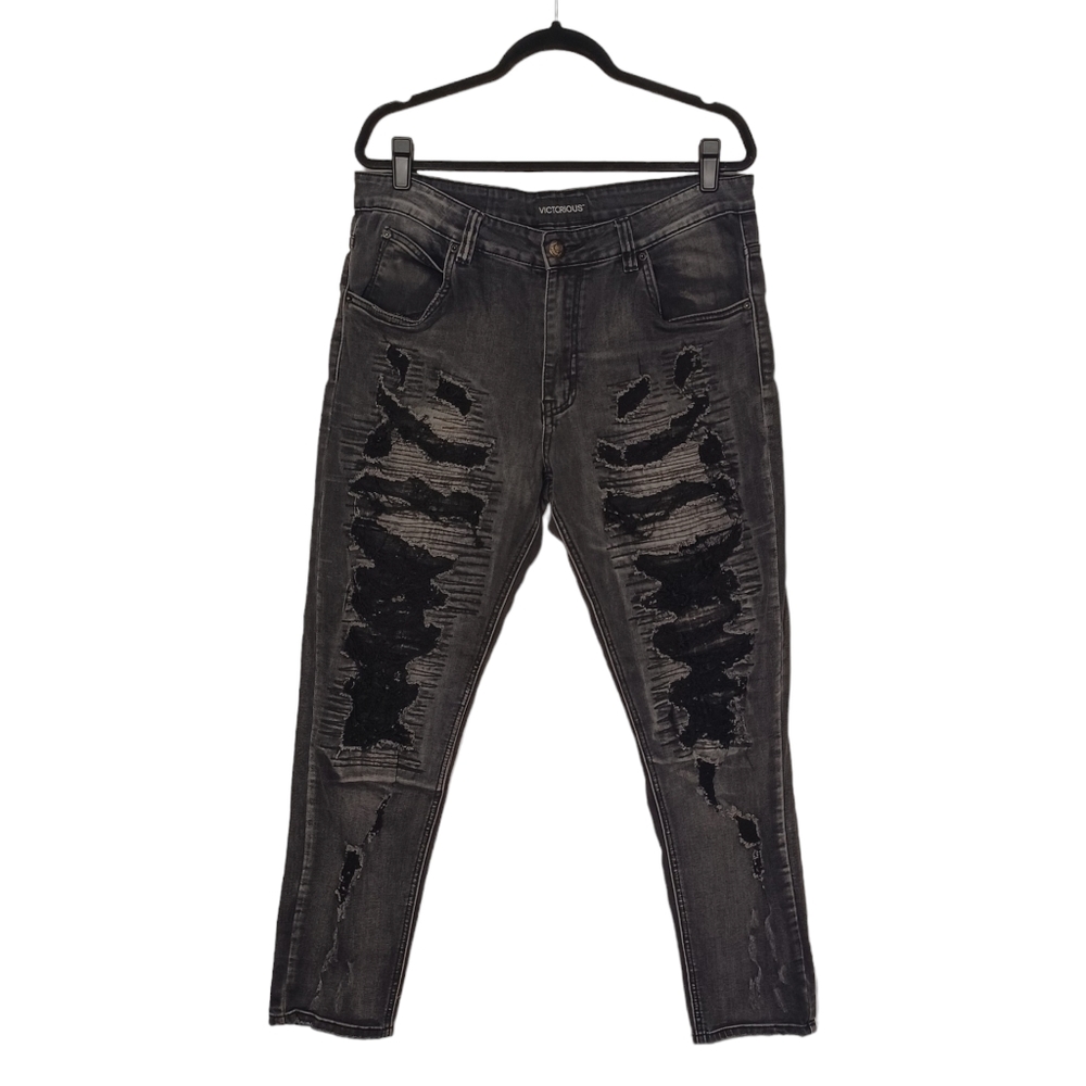 VICTORIOUS Men's Black Distressed Thrashed Denim Jeans W34 L30